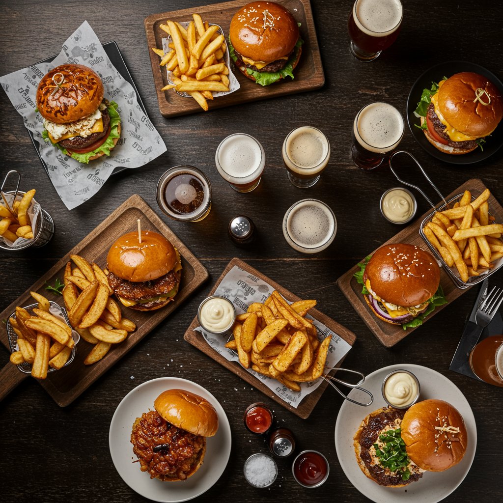 テーブルに並んだハンバーガー